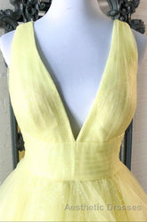 Yellow Evening Prom Dresses A Line Deep V Neck Light Long Party Evening Dresses with Ruffles